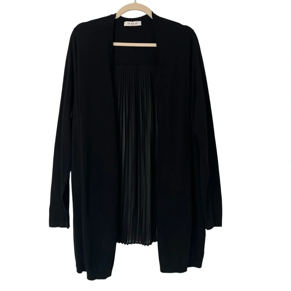 Sandro Open Front Silk Blend Pleated Cardigan Black Medium Contemporary Chic
